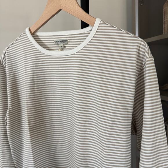 Knickerbocker Mod Stripe White Tan Long Sleeve Shirt XS NEW Mens Cotton Crewneck - Picture 2 of 6